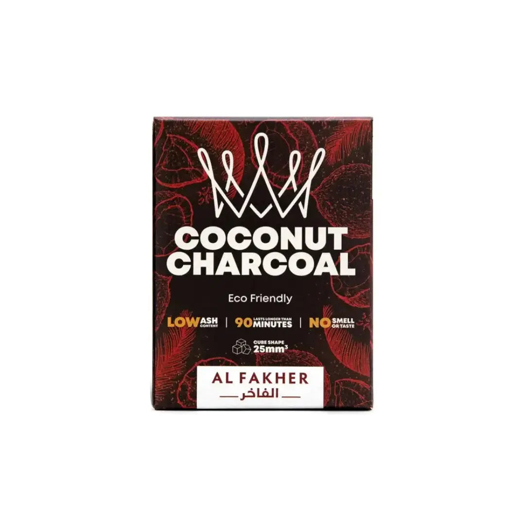 A box of Al Fakher - Coconut Charcoal Cubes 1kg showing Low ash Last for 90 minutes and no smell or taste