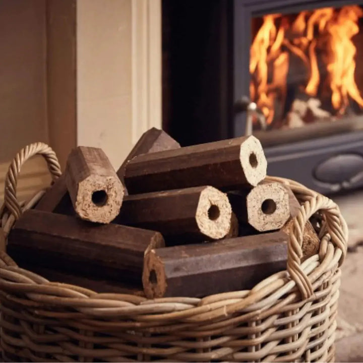 Barari Firewood hexagonal sawdust logs neatly stacked in a wicker basket, perfect for fireplaces, fire pits, and outdoor fires.