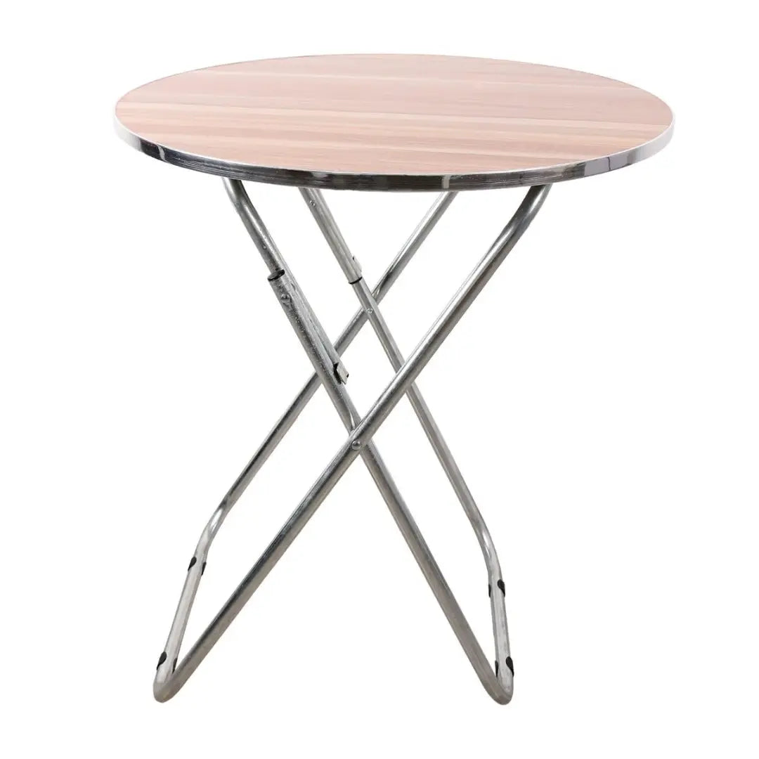 Compact Wooden Round Folding Table with Metallic Stand - Ideal for Camping, Picnics, Beach, and Outdoor Events