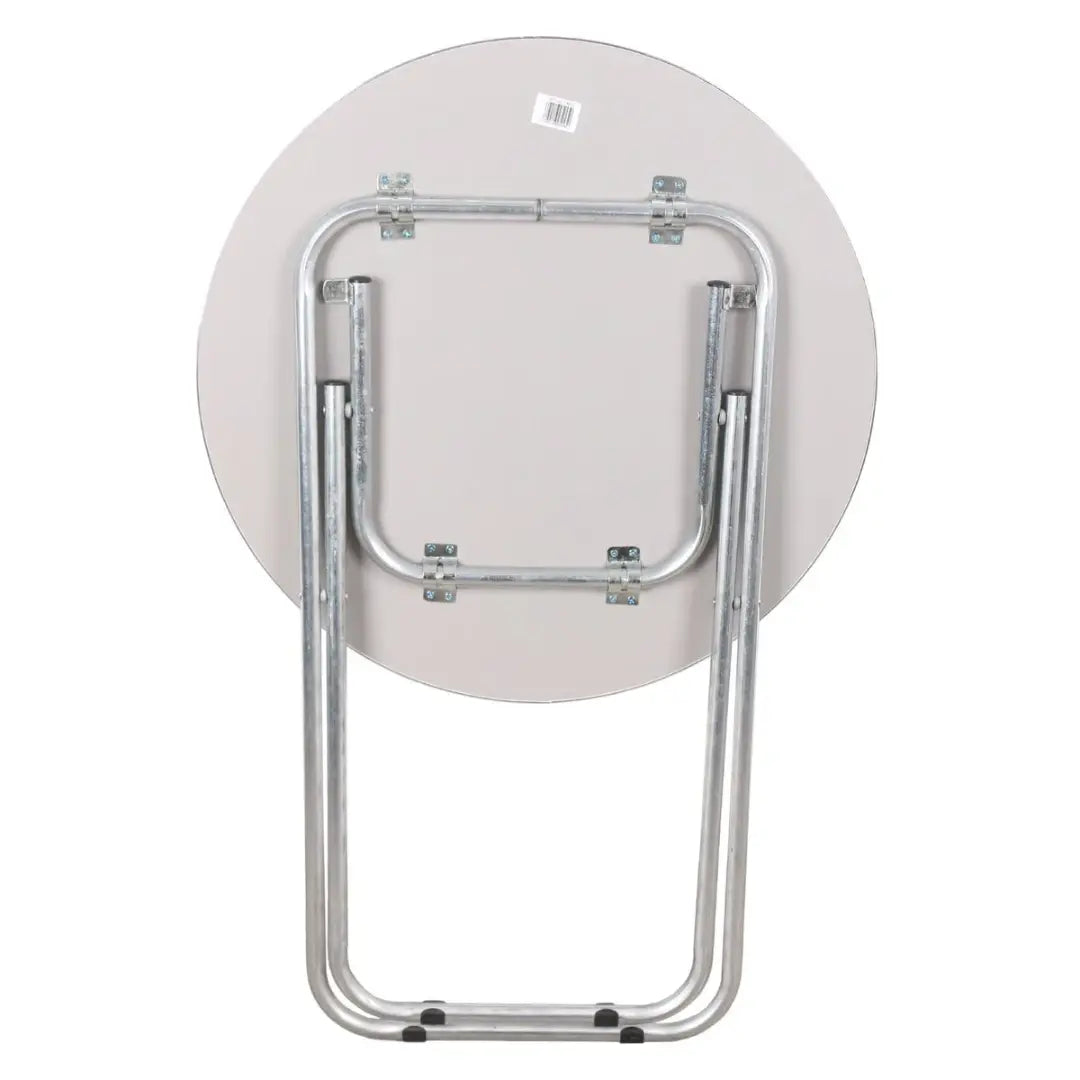 The back of the Compact Wooden Round Folding Table with Metallic Stand - Ideal for Camping, Picnics, Beach, and Outdoor Events