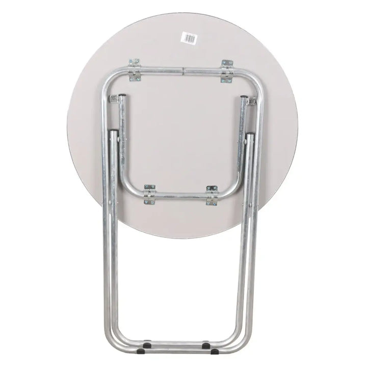 The back of the Compact Wooden Round Folding Table with Metallic Stand - Ideal for Camping, Picnics, Beach, and Outdoor Events