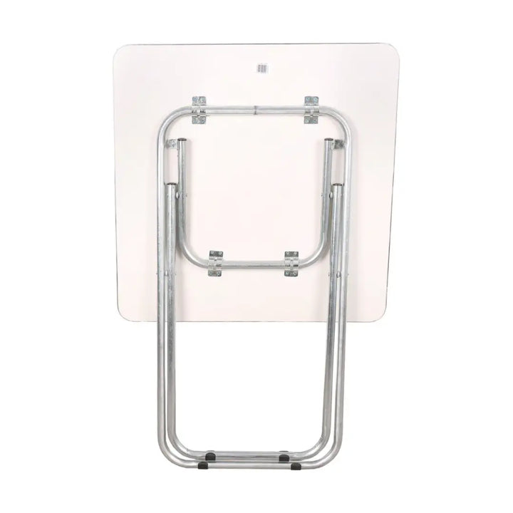 The Back side of the Compact Wooden Square Folding Table with Metallic Stand - Perfect for Camping, Picnics, Beach, and Outdoor Events