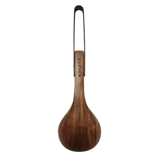 Nordico acacia wood soup ladle with stainless steel handle, shown upright against a white background.