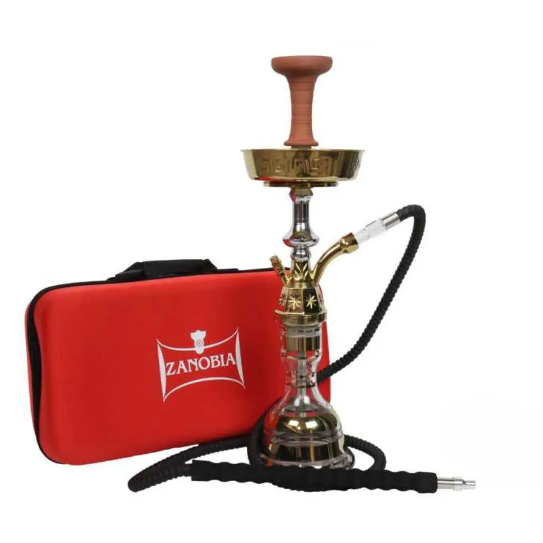 Zanobia Shisha 55 CM Gold & Silver Edition featuring a premium design with a durable glass base, funnel bowl, ergonomic washable hose, and a vibrant red carrying case.
