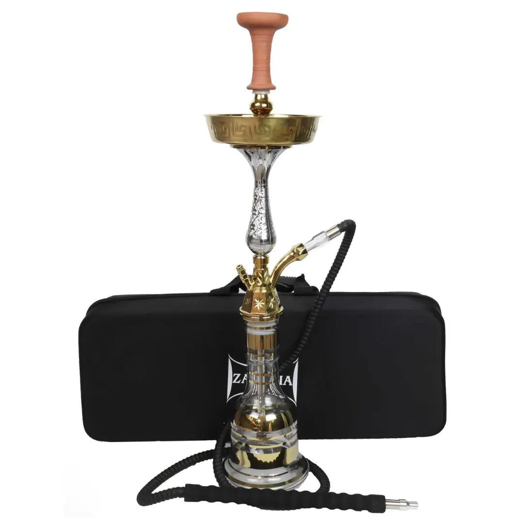 Zanobia Shisha 75 CM Gold & Silver Imperial Edition featuring an elegant design with intricate stem details, a glass base, funnel bowl, ergonomic washable hose, and a sleek black carrying case for portability.