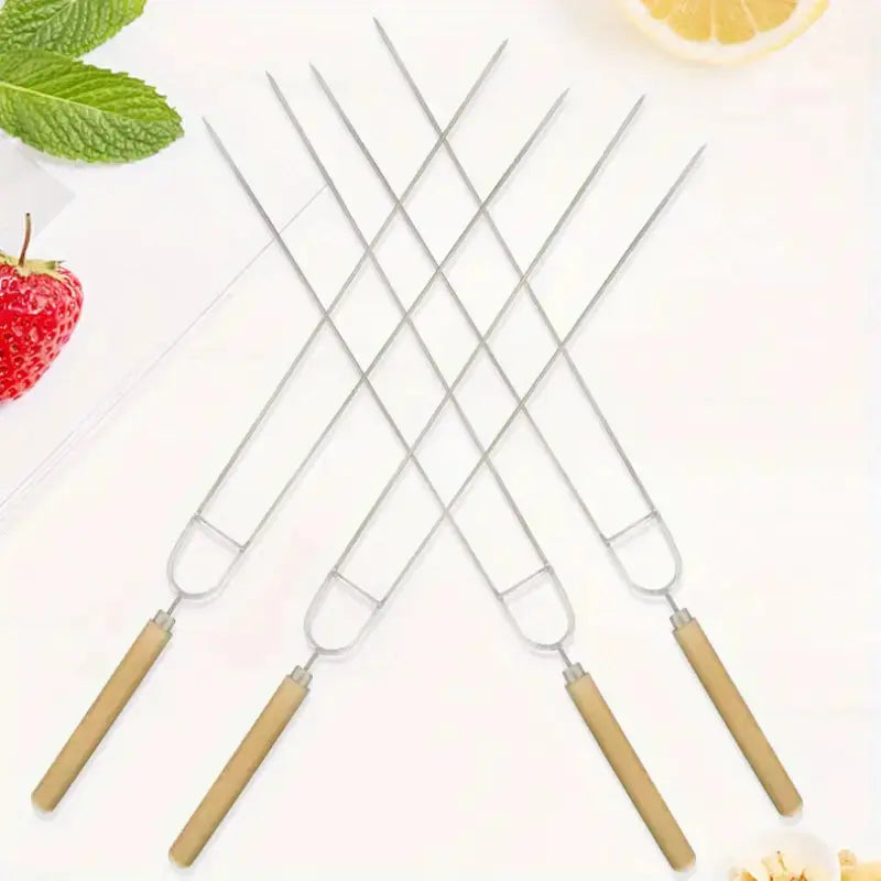 5 Pack Double-Row Stainless Steel BBQ Skewers with Wooden Handles Temu