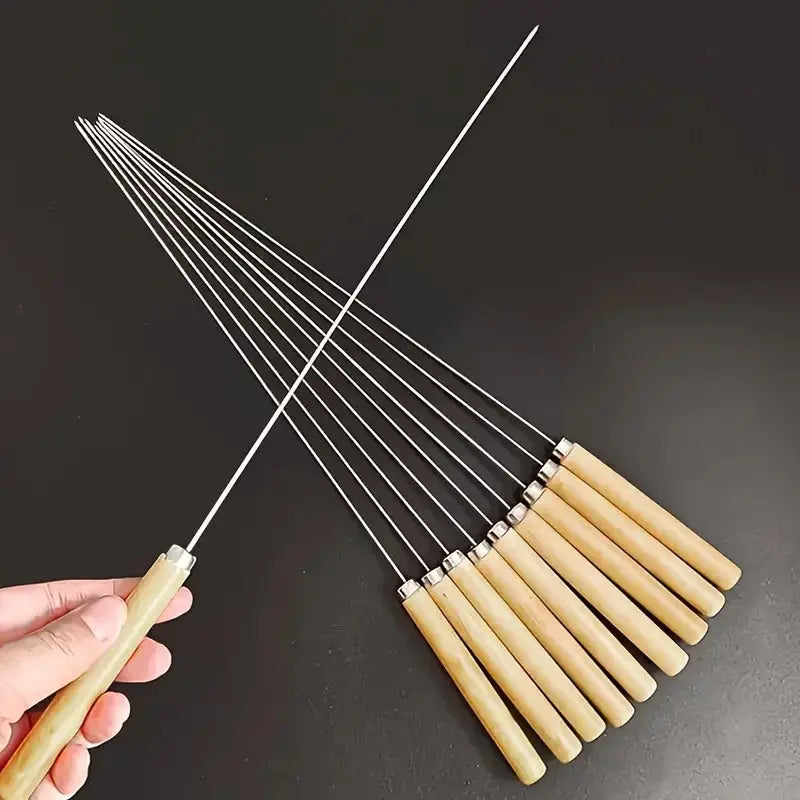 10pcs Stainless Steel BBQ Skewers with Wooden Handles Temu