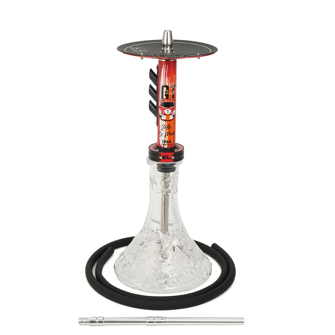 Full view of a hookah with a black hose, clear glass base, and red race car design on the stem.