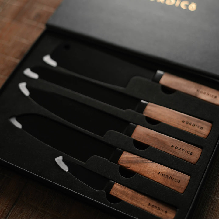 Close-up view of Nordico knife set in a luxury black presentation box, ideal for gifting.