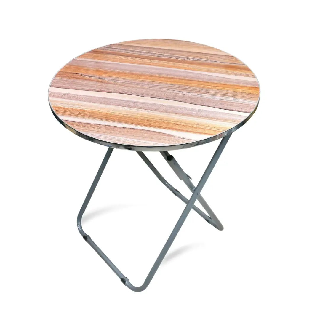 Compact Wooden Round Folding Table with Metallic Stand - Ideal for Camping, Picnics, Beach, and Outdoor Events