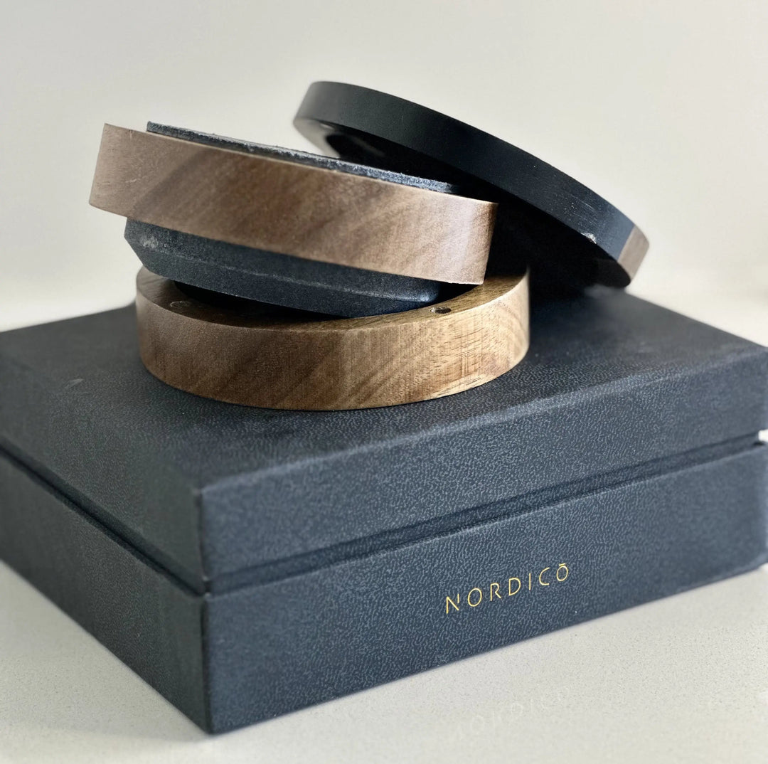 Disassembled Nordico knife sharpener showing the wooden box and components.