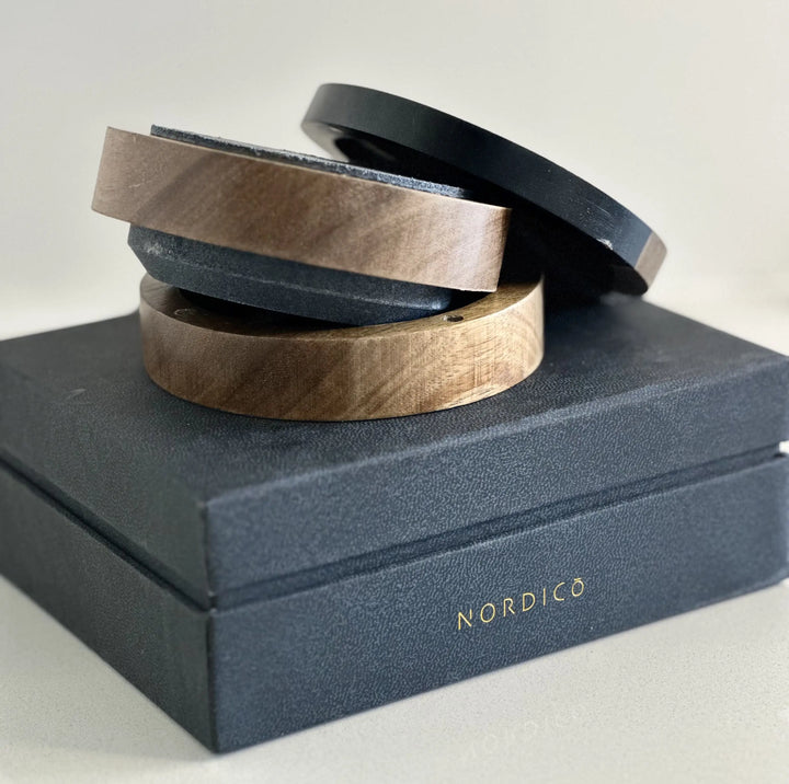 Disassembled Nordico knife sharpener showing the wooden box and components.