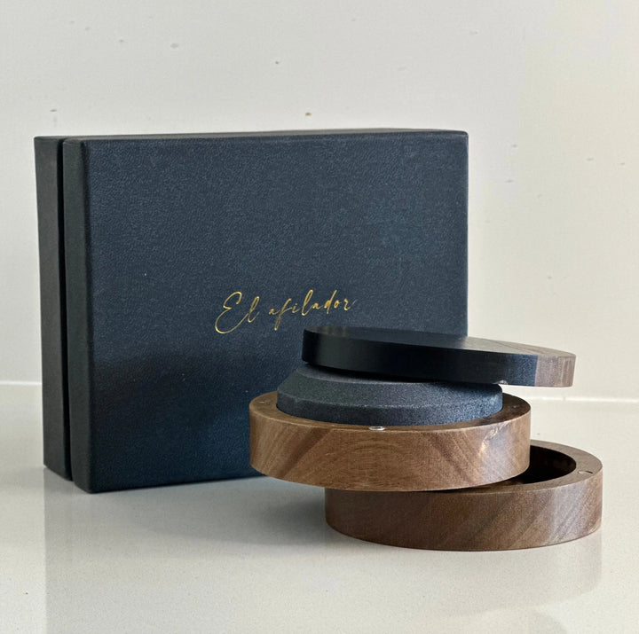 Nordico knife sharpener with magnetic acacia wooden box and premium black leather strop.