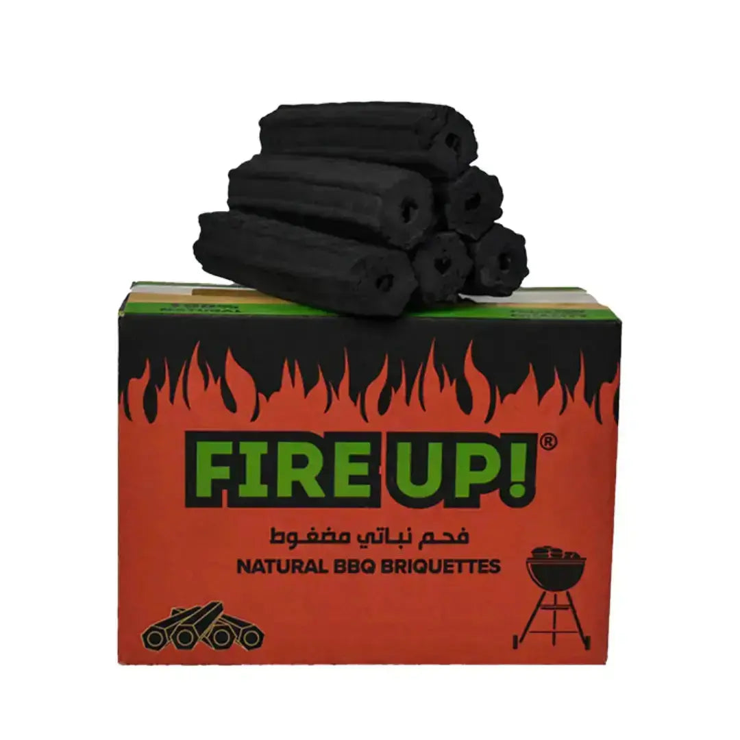 Fire Up! 10KG Cocoshell Charcoal Briquette packaging with stacked natural BBQ briquettes made from coconut shells.