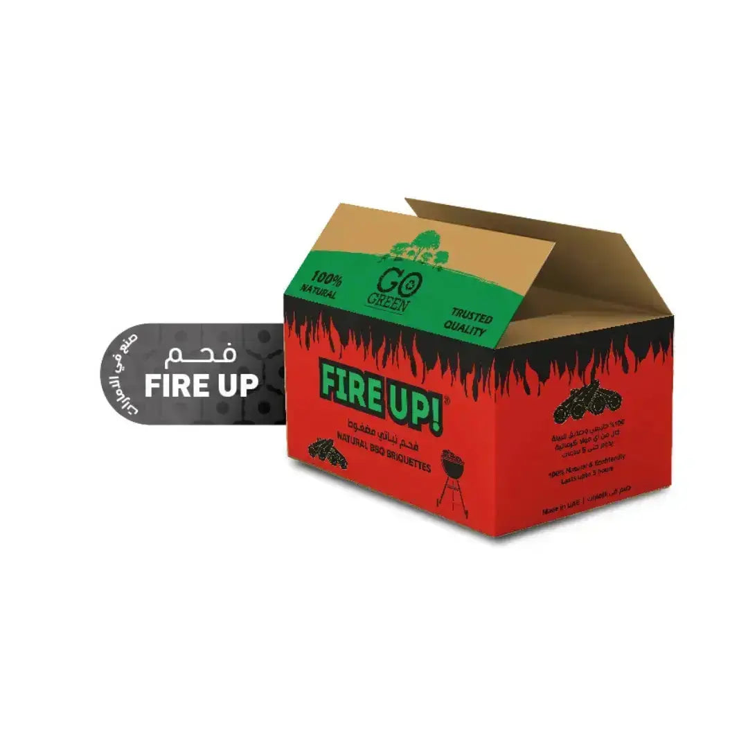 Fire Up! Cocoshell Charcoal Briquette box featuring eco-friendly, 100% natural BBQ briquettes and sustainable packaging design.