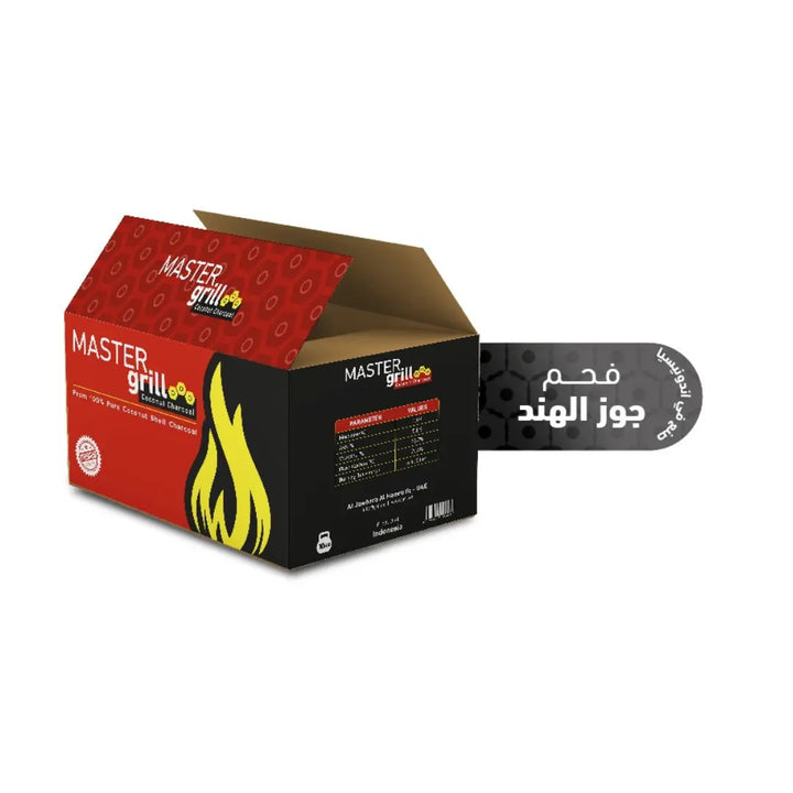 Master Grill! 10KG Cocoshell Charcoal Briquette Cubanar Box with text coconut charcoal