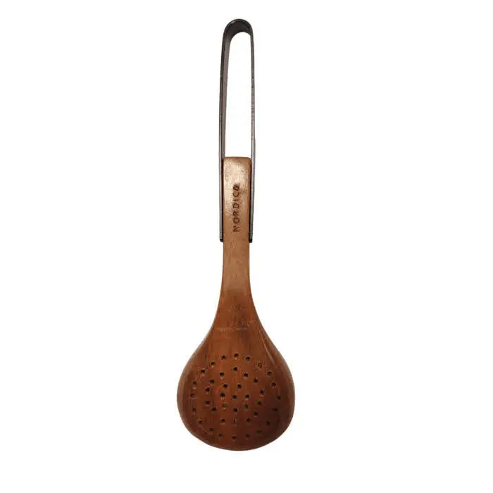 Nordico Slotted Spoon Kitchen Utensils made from acacia wood with stainless steel handle, featuring a sleek design and natural wood finish. Perfect for serving and draining liquids in the kitchen.