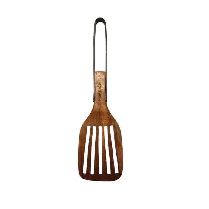 Nordico Slotted Turner Kitchen Utensils | Acacia Wood | Premium wooden slotted turner with a stainless steel handle, ideal for flipping and serving food, shown against a white background.