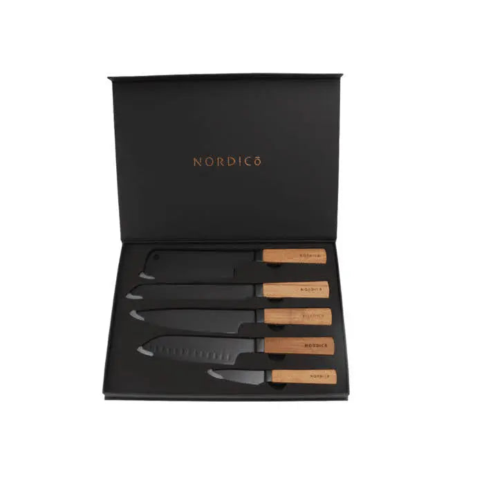 Nordico 5-piece knife set presented in a luxury black gift box with gold logo.
