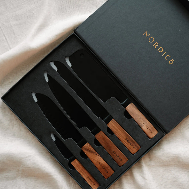 Nordico premium stainless steel knives set with acacia wood handles in an elegant black gift box.