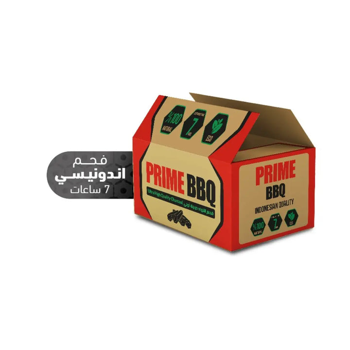 Prime BBQ 10KG Sawdust Charcoal Briquette packaging showcasing Indonesian quality with eco-friendly, long-lasting briquettes made from natural hardwood sawdust, lasting up to 7 hours.