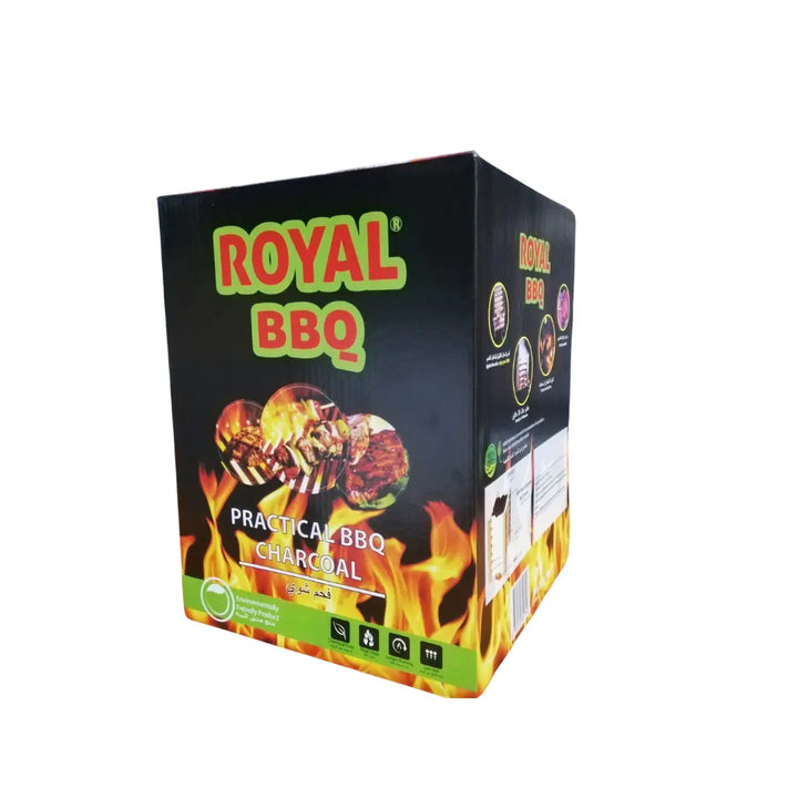 Royal BBQ Smart Box of Briquettes highlighting fast ignition in 10 minutes and 3-hour burn time for efficient BBQ sessions.