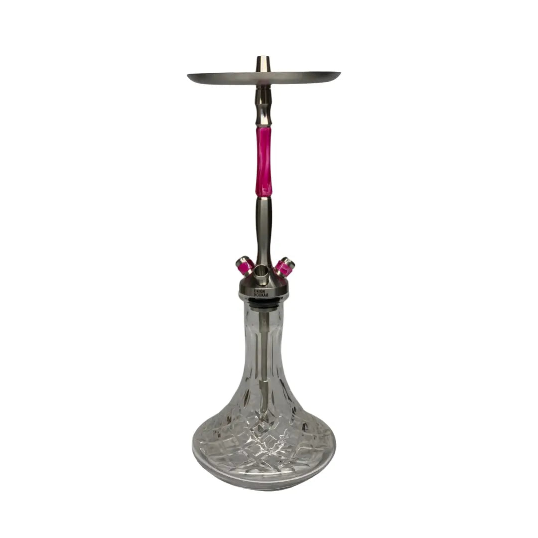 Russian Hookah Union Fibonacci Acrylic featuring a pink acrylic handle, stainless steel shaft, and elegant glass base. Compact yet luxurious design for sheesha enthusiasts.