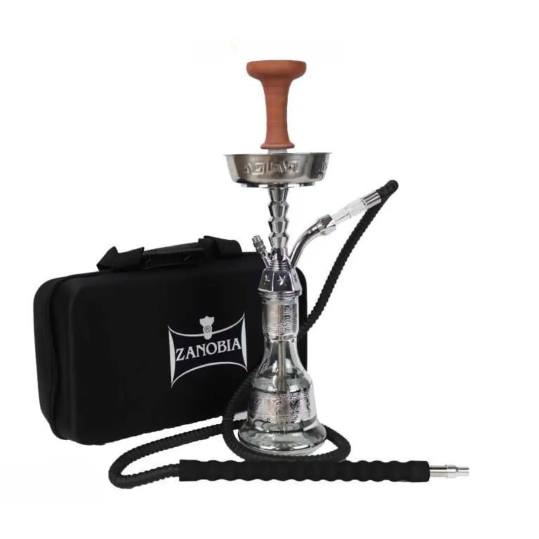 Zanobia 55 CM Silver Classic Shisha with a premium design, featuring a glass base, funnel bowl, washable hose, and a durable carrying case.