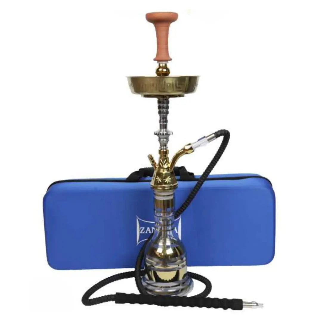 Zanobia Shisha 70 CM Gold & Silver Supreme Edition showcasing a tall, elegant design with a durable glass base, funnel bowl, ergonomic washable hose, and a stylish blue carrying case for portability.