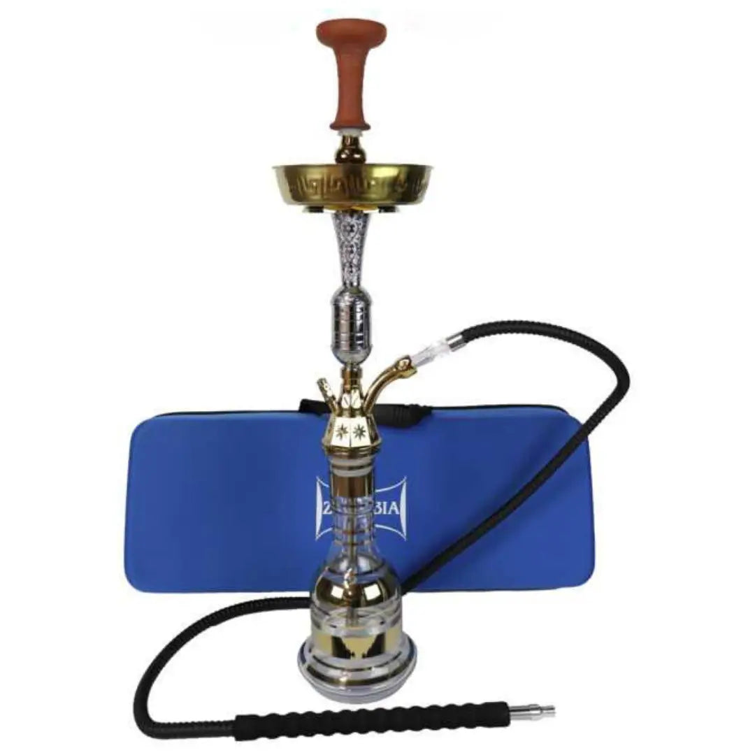 Zanobia Shisha 77 CM Gold & Silver Royal Edition showcasing a tall and elegant design, featuring a detailed stem, durable glass base, ergonomic washable hose, and a vibrant blue carrying case for portability.