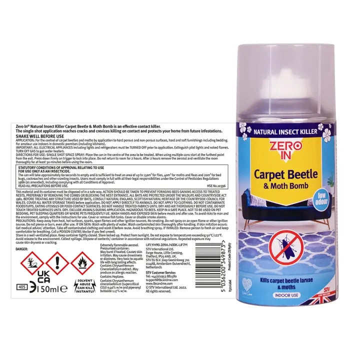 STV  Carpet Beetle & Moth Killer Bomb - 150ml One-Shot Aerosol Elite Horizon